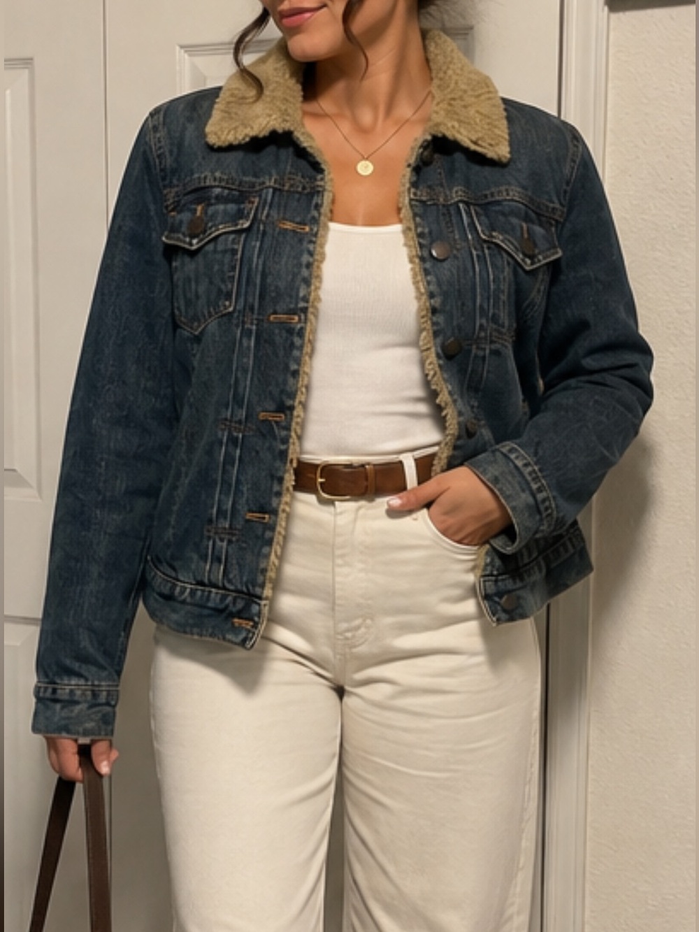 GAP Dark Blue Denim Jacket with Tan Sherpa Collar